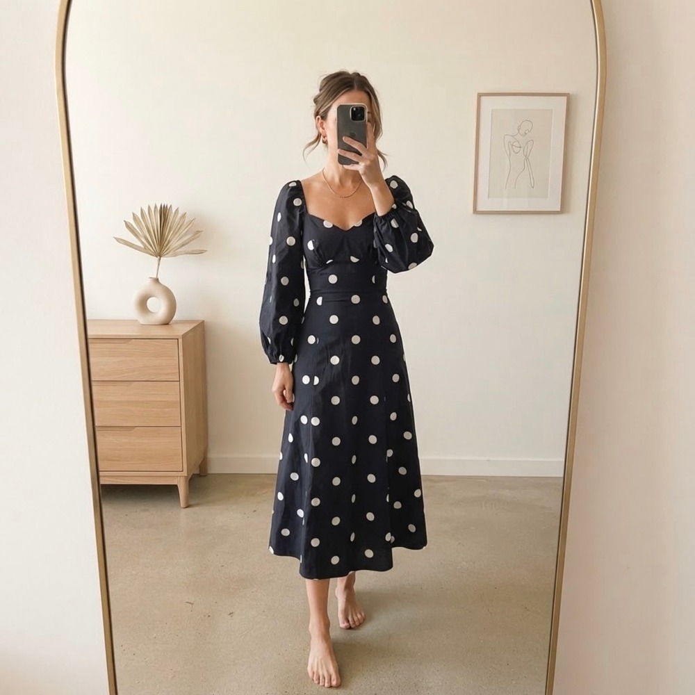 Free Assembly Blue Polka Dot Cotton Puff Sleeve Midi Dress S Classic Romantic